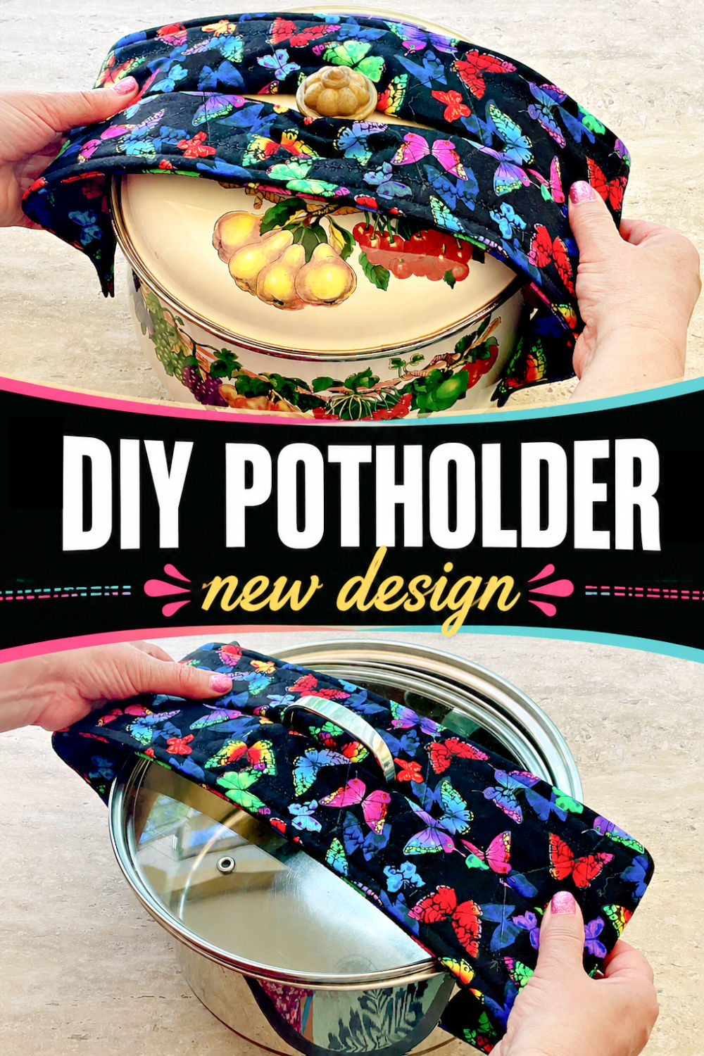 Hands using a colorful quilted potholder with a center opening to lift a ceramic pot lid and a glass lid. The unusual wrap-style DIY potholder covers both sides of the handle for a secure grip. This quilted potholder pattern is designed as a practical pot holder sewing project for hot cookware.