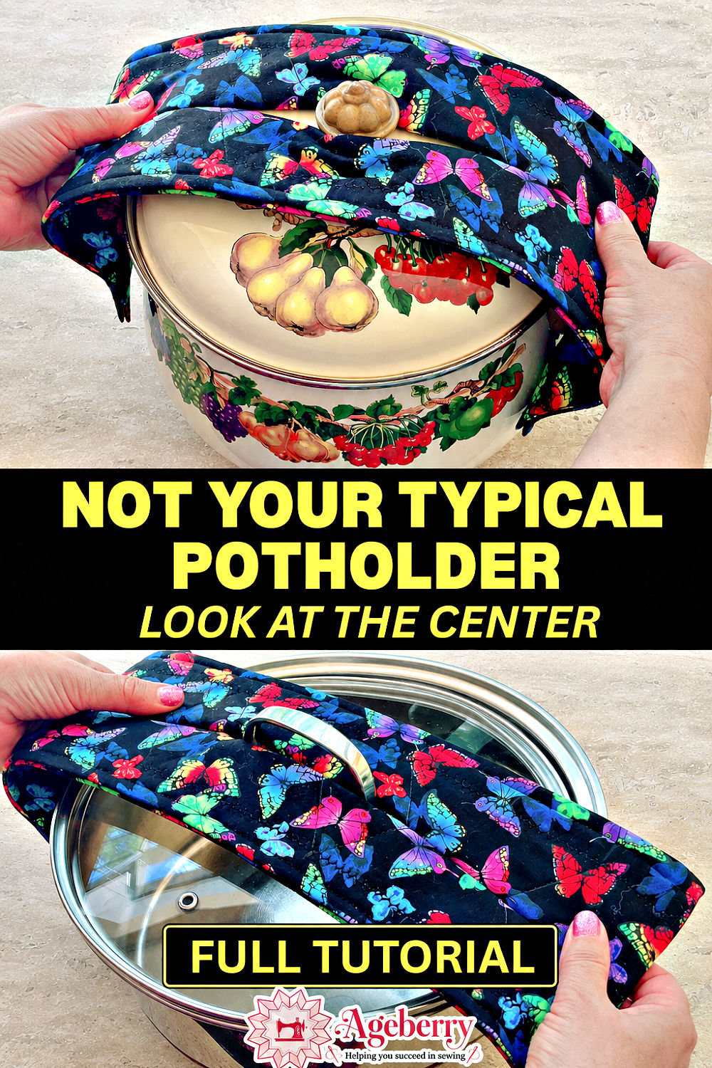 Close-up of a wrap-style quilted potholder placed over the handles of a ceramic pot lid and a glass lid. The butterfly-print fabric potholder has a center opening that fits around the handle while the padded ends protect both hands. An unusual DIY pot holder sewing pattern for lifting hot lids and cookware.