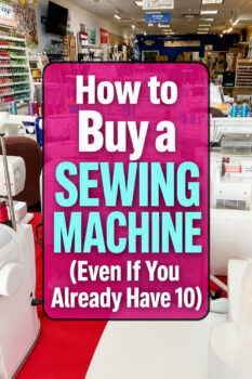Sewing machine shop filled with modern sewing machines and colorful thread, with text reading “How to Buy a Sewing Machine (Even If You Already Have 10).”