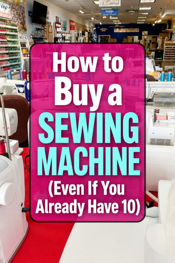 Sewing machine shop filled with modern sewing machines and colorful thread, with text reading “How to Buy a Sewing Machine (Even If You Already Have 10).”