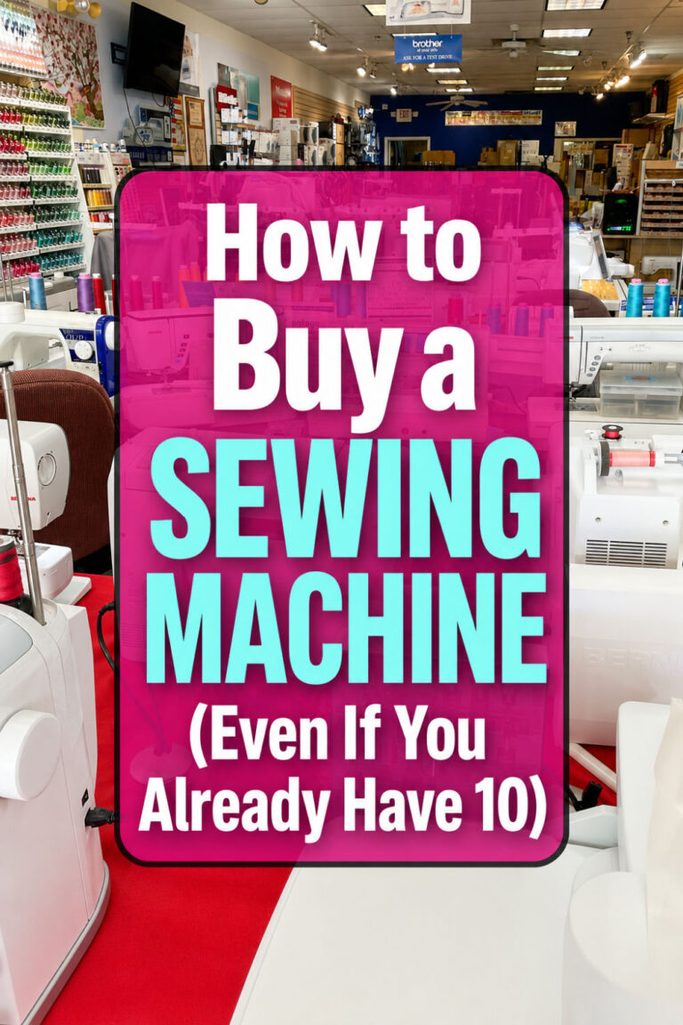 Sewing machine shop filled with modern sewing machines and colorful thread, with text reading “How to Buy a Sewing Machine (Even If You Already Have 10).”