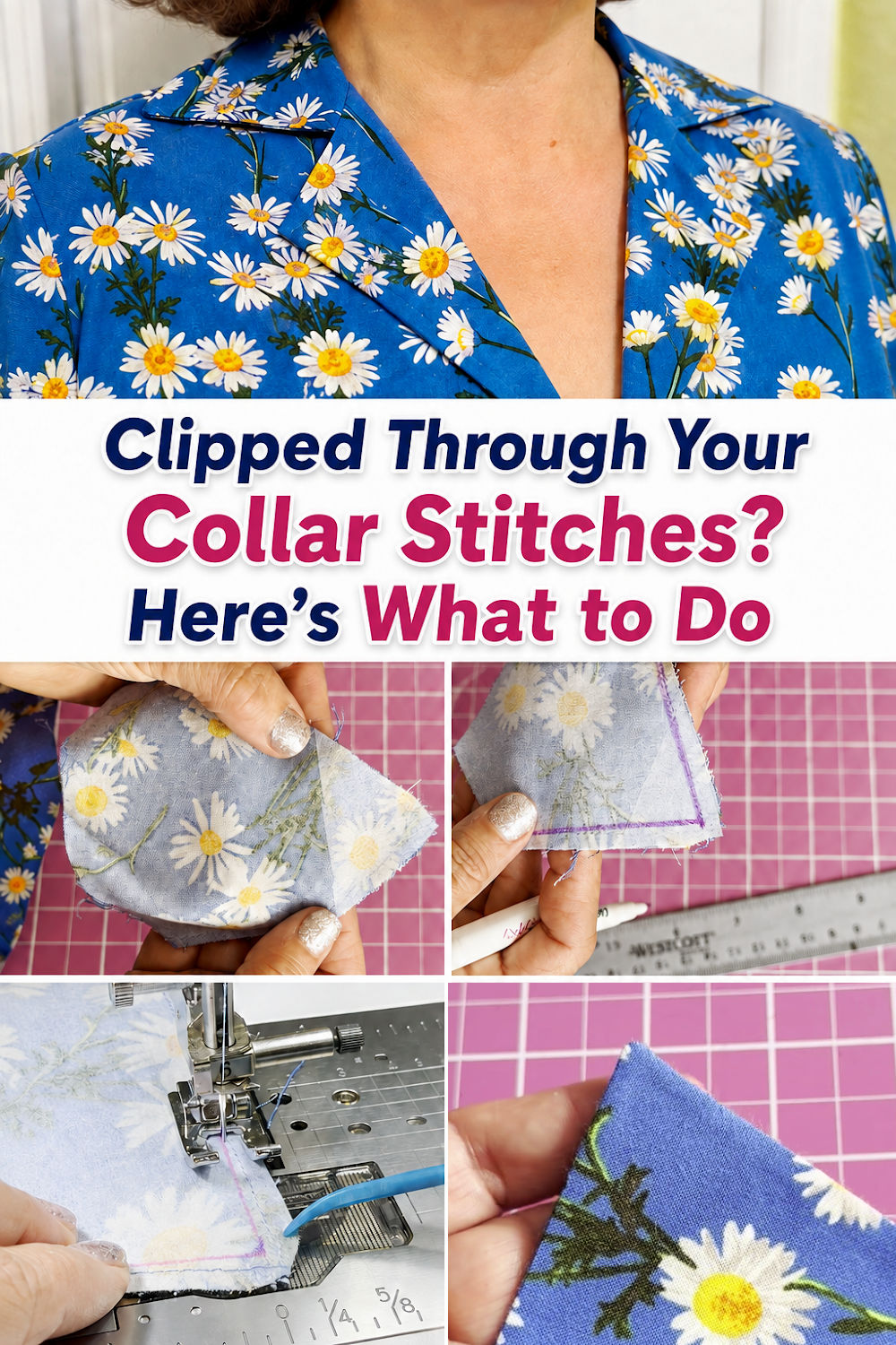 Blue daisy-print blouse collar with close-up photos showing the damaged collar point, marked repair line, machine stitching, and finished corner.