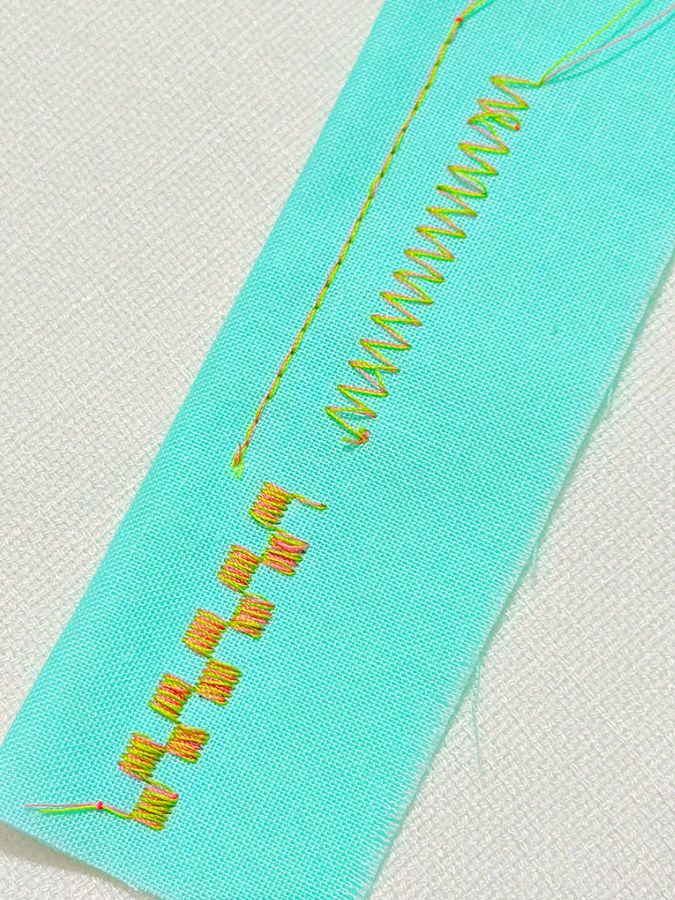 three different stitches sewn with a double eye needle straight, zigzag and decorative