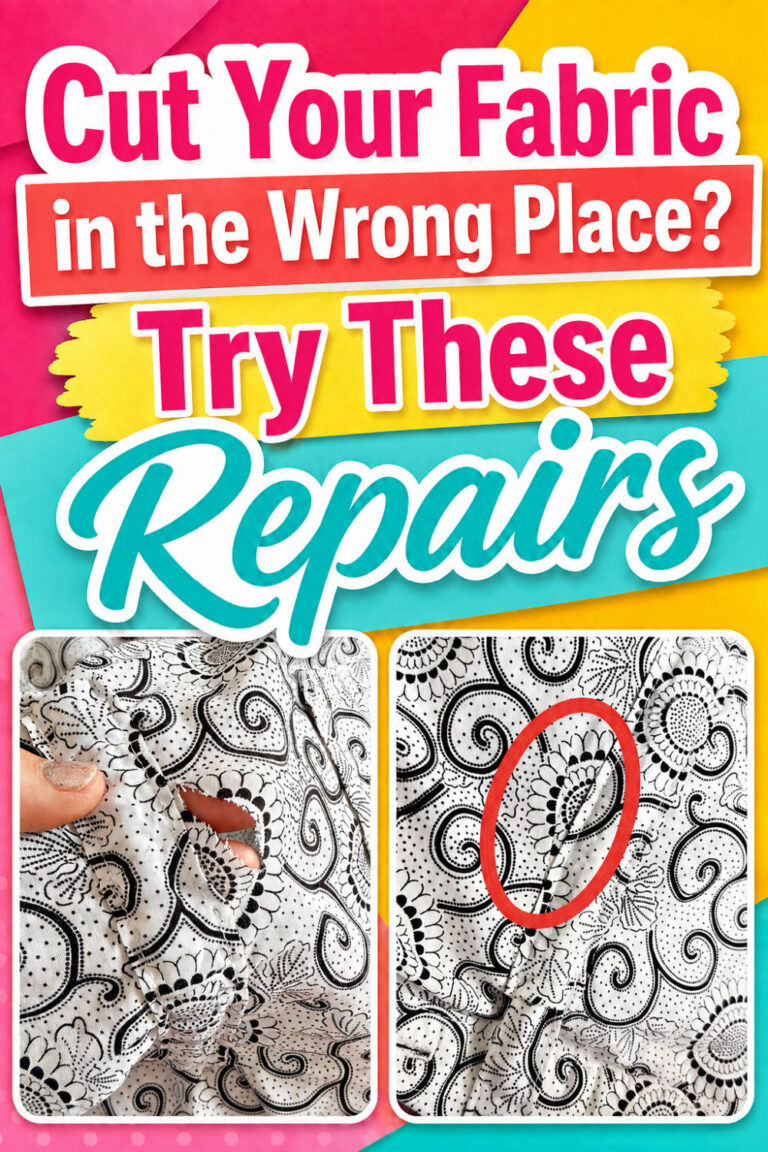 Bright graphic with before-and-after photos of a cut in black-and-white printed fabric and the nearly hidden repair, with text suggesting repair options.
