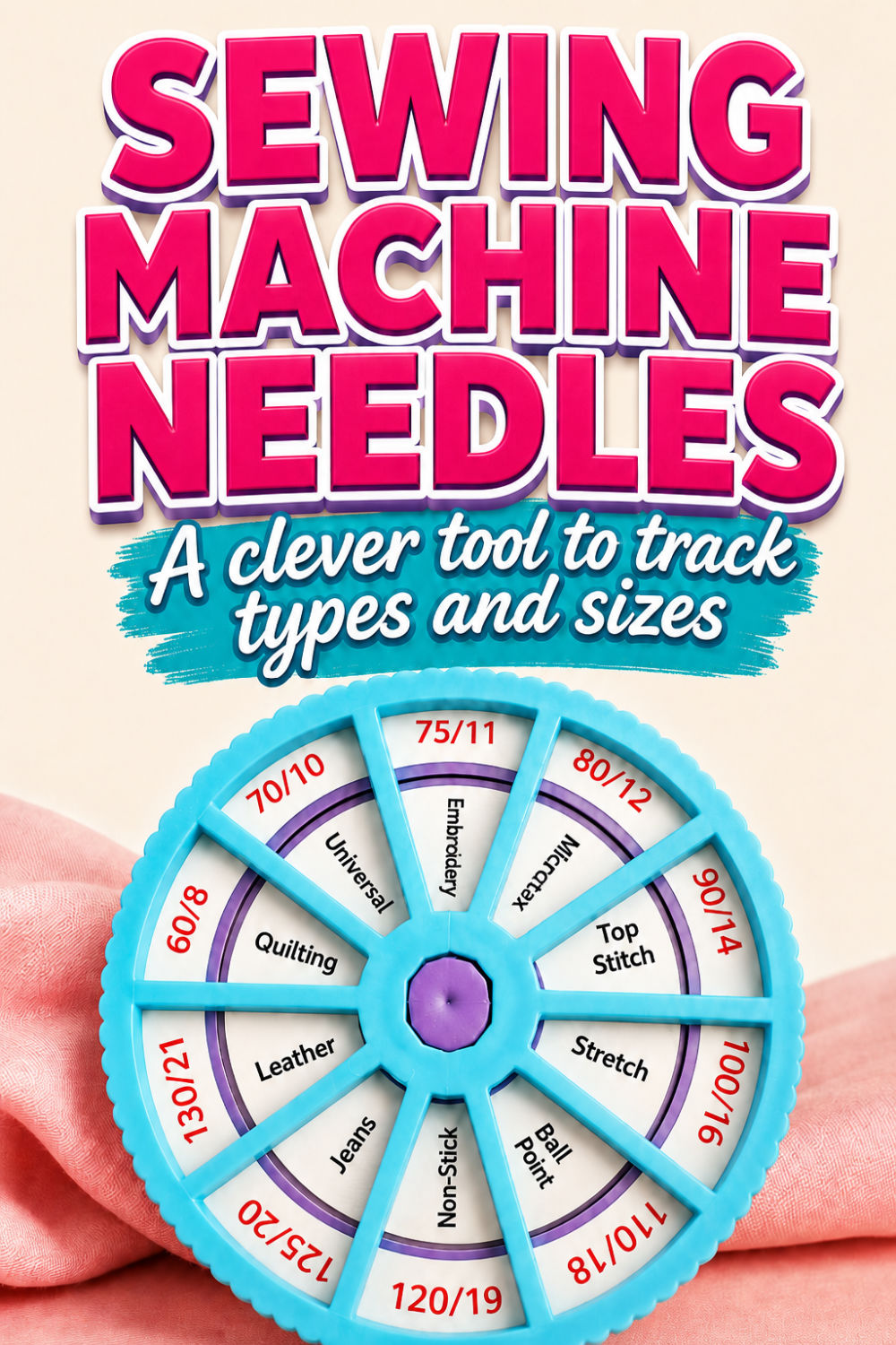 Blue Needle Noter wheel showing sewing machine needle types and sizes, with bold pink text reading “Sewing Machine Needles – A clever tool to track types and sizes.”