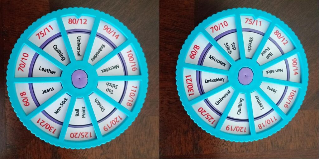two images of the needle noter showing settings for universal needle 80/12 and stretch needle 75/11