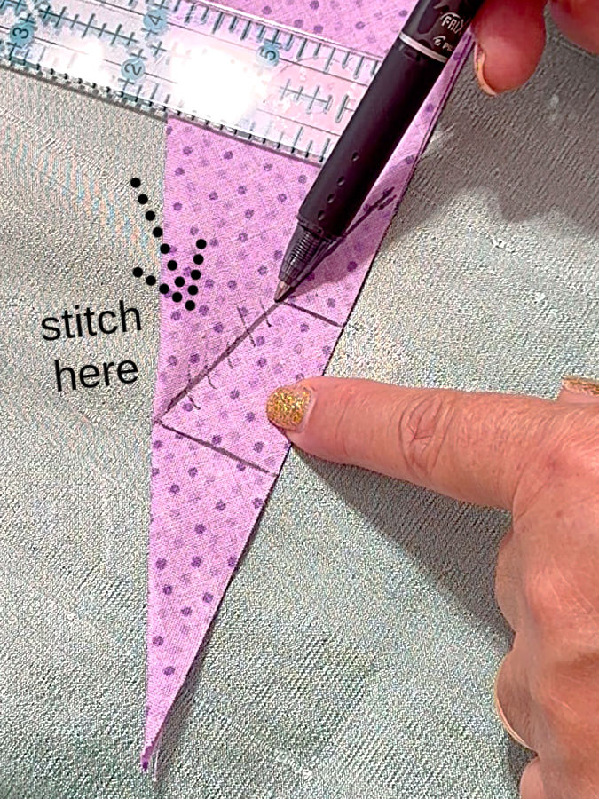 a woman pointing a finger and an arrow pointing to the stitching line the words stitch here nearby a pen and a ruler also in the image
