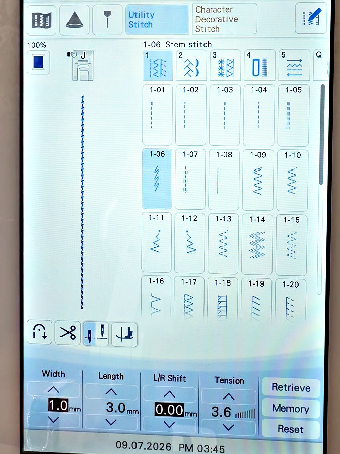 a screenshot of the stitch selection on the sewing machine the stitch called stem stitch is selected