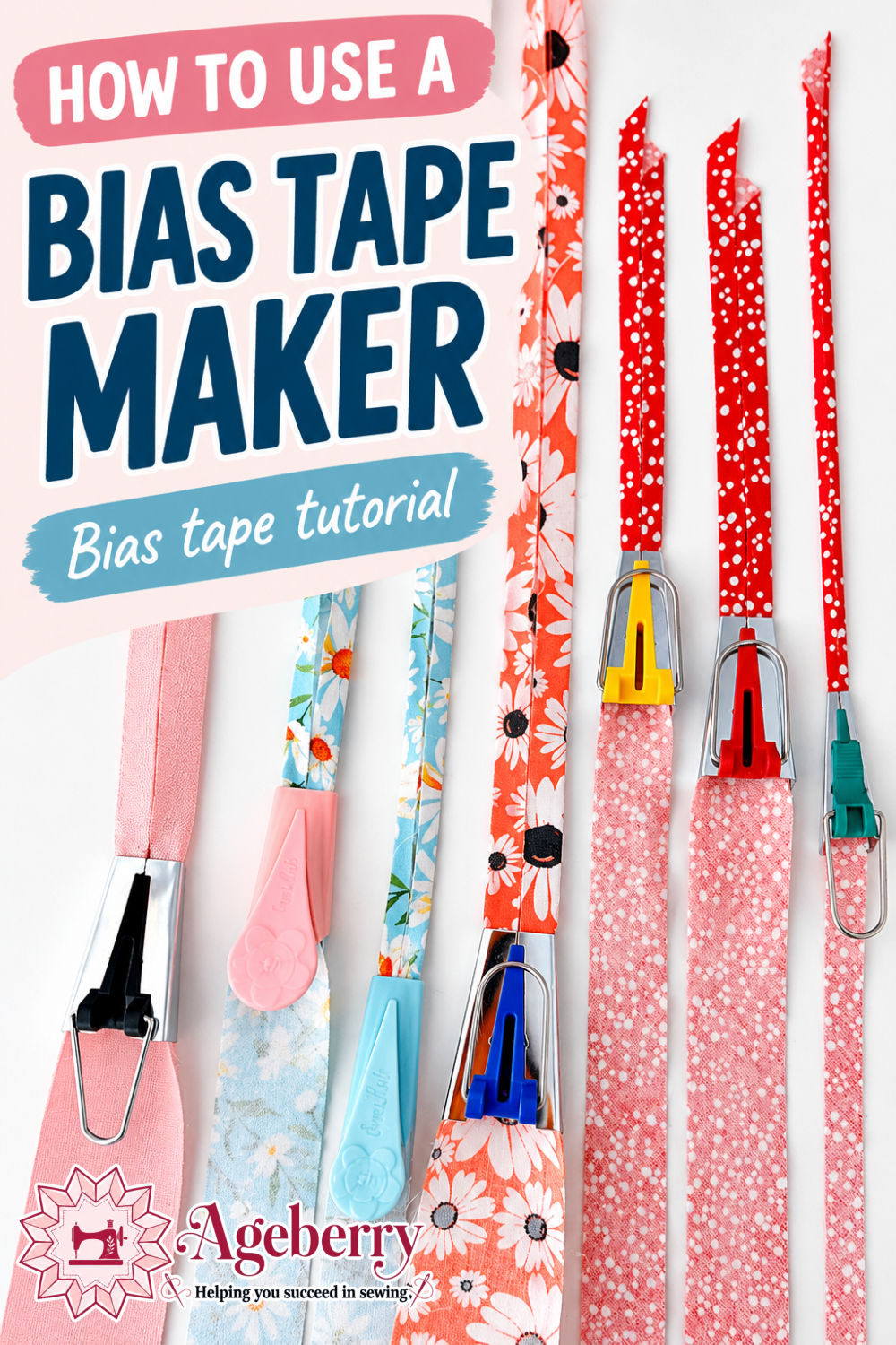 Several bias tape makers in different sizes and colors attached to pink, blue floral, coral floral, and red patterned fabric strips arranged vertically on a white background.