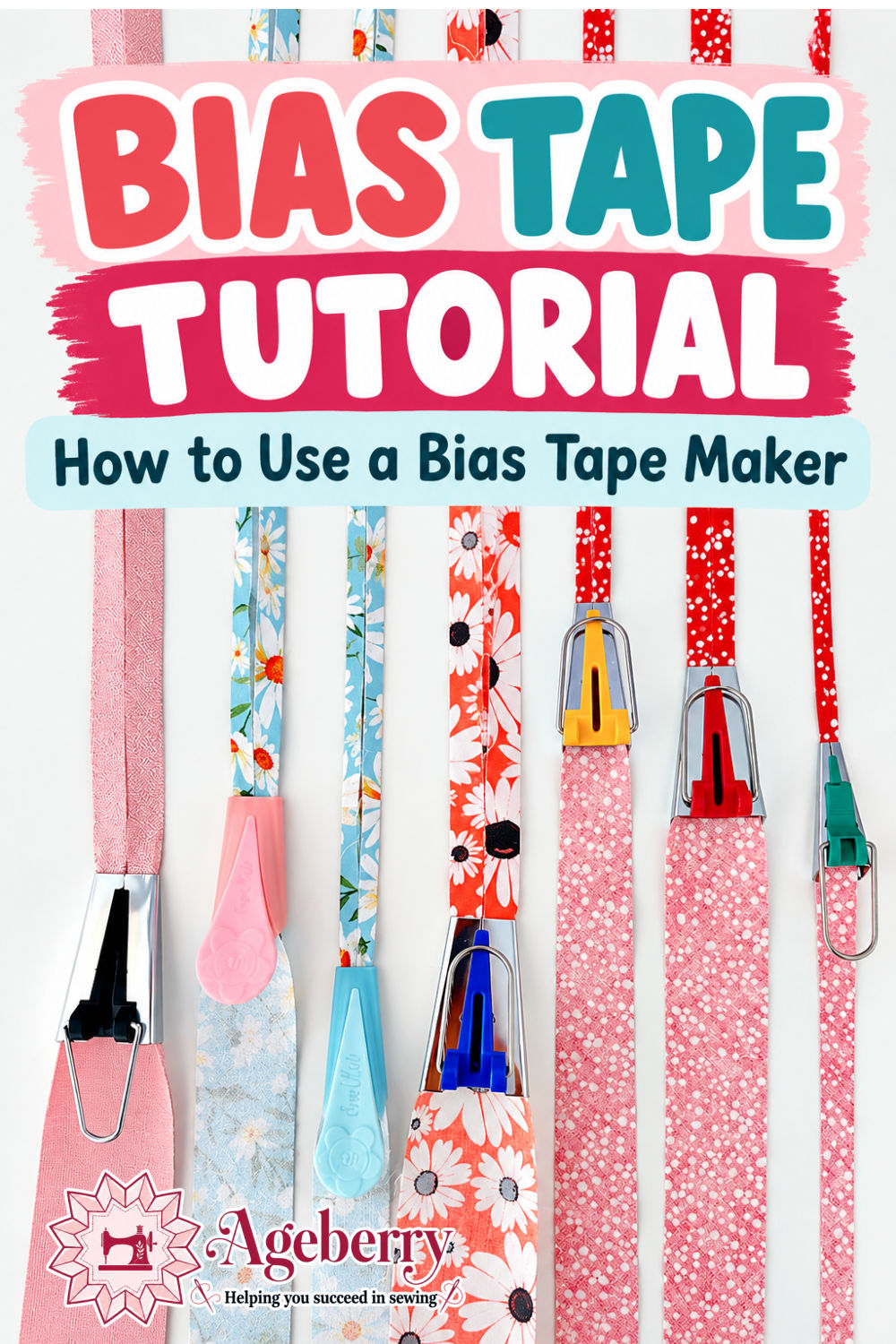 Colorful bias tape makers with long folded fabric strips in pink, blue floral, coral floral, and red prints lined up side by side on a bright white background.