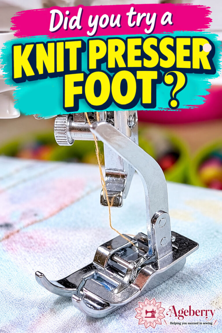 Close-up of a knit presser foot on a sewing machine, with bold yellow text reading “KNIT PRESSER FOOT” on a turquoise background and “Did you try a” above it.