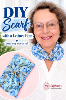 Close-up portrait of a woman wearing a light blue floral neck scarf with ruffled lettuce edges and a small gold starfish clasp, with a circular inset showing the finished scarf laid flat on a pink background.