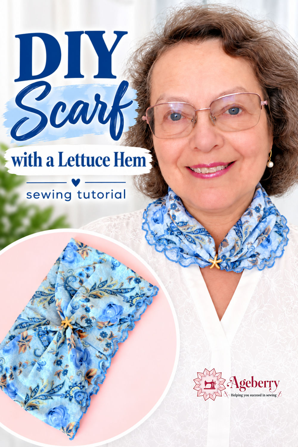 Close-up portrait of a woman wearing a light blue floral neck scarf with ruffled lettuce edges and a small gold starfish clasp, with a circular inset showing the finished scarf laid flat on a pink background.