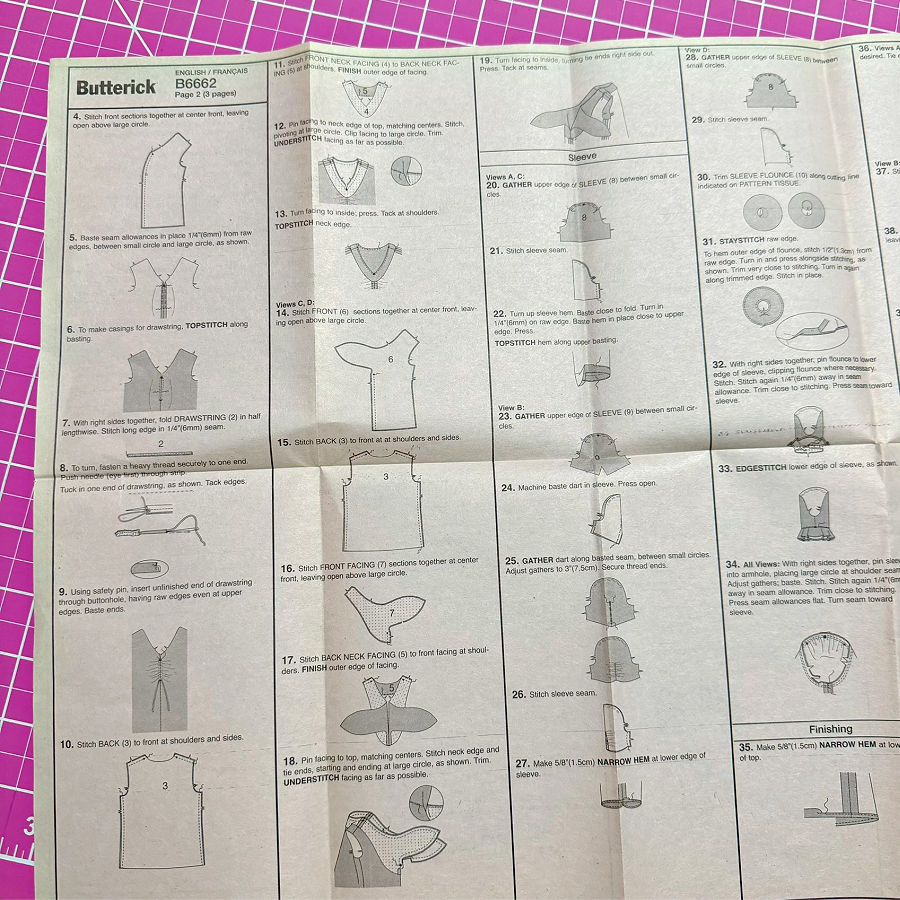 a page from a butterick pattern with sewing diagrams and instructions