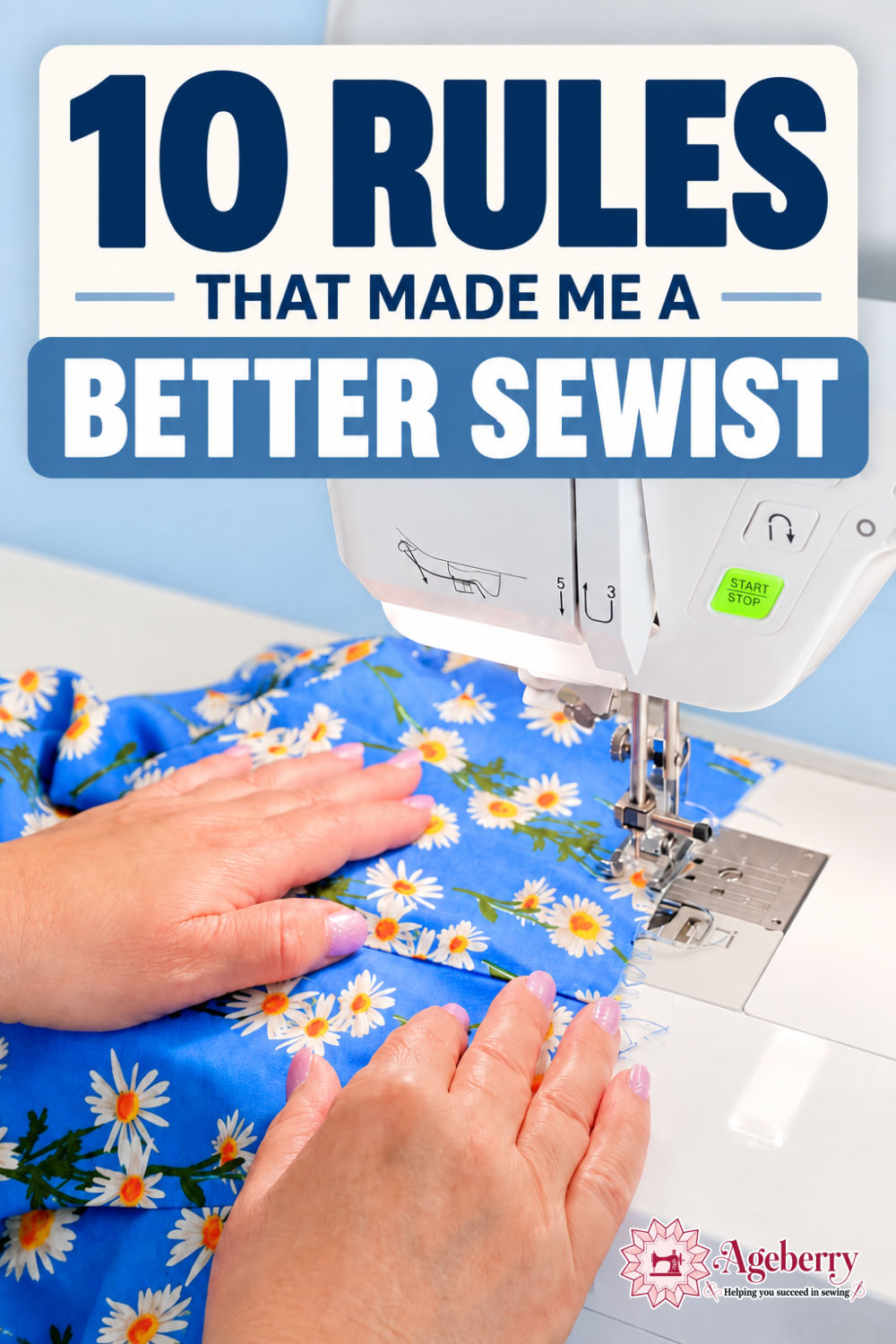 Hands guiding blue daisy-print fabric under the presser foot of a white sewing machine.