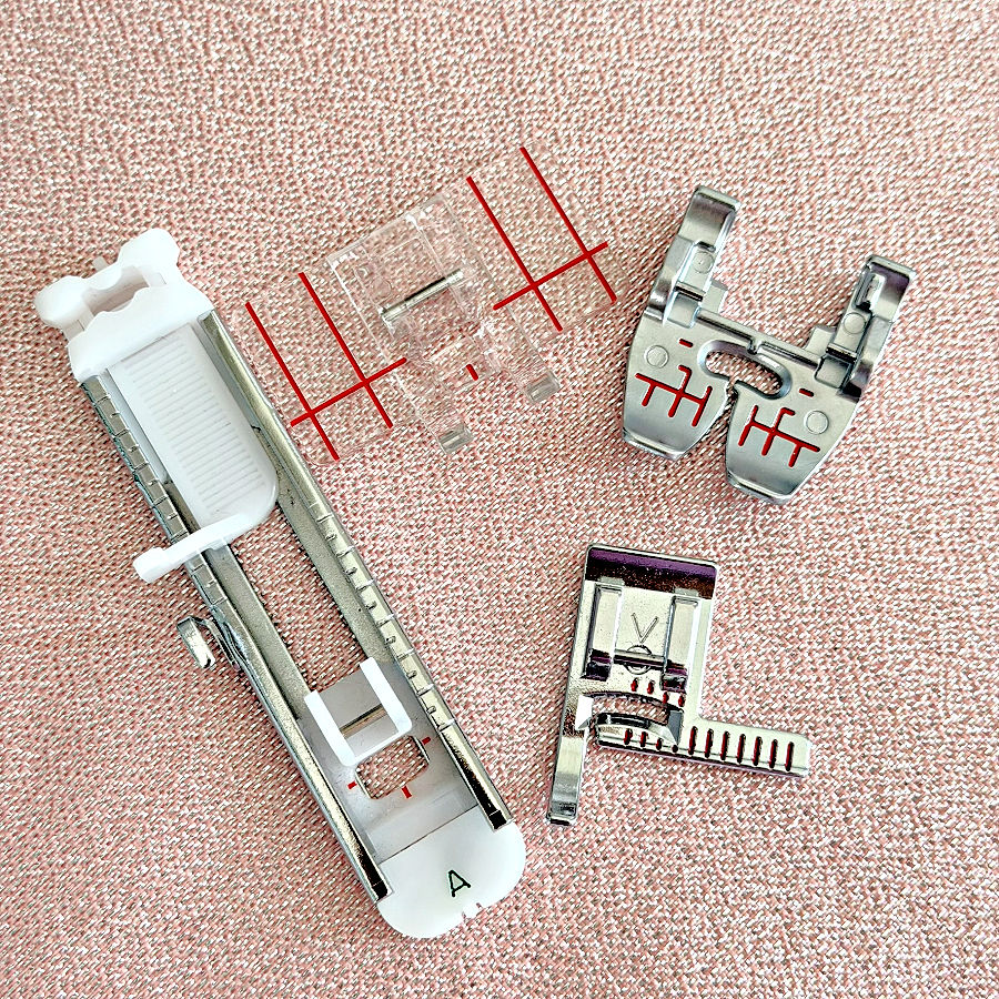 various sewing machine presser feet all showing lines and marks on them