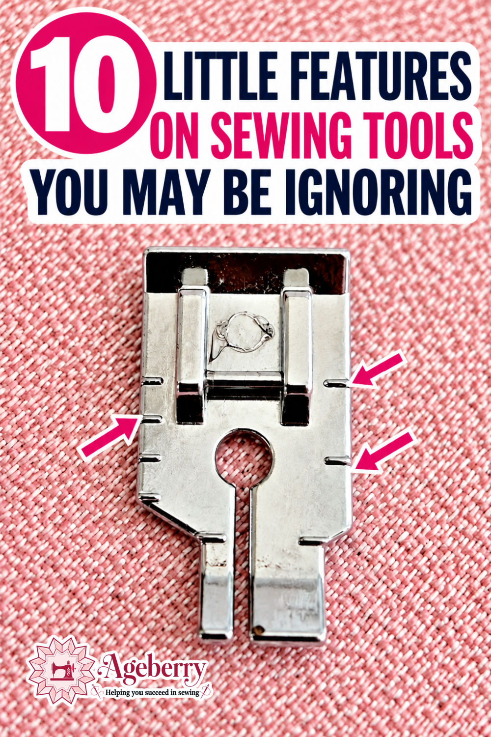 Close-up of a metal sewing machine presser foot on pink woven fabric, with three pink arrows pointing to small horizontal guide marks along the sides of the foot.