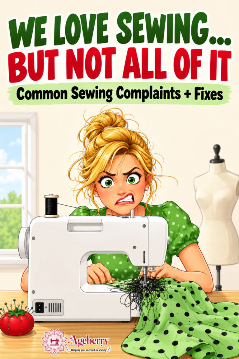 Cartoon illustration of a frustrated blonde woman at a white sewing machine with tangled black thread caught around the needle and green polka-dot fabric bunched on the table, with a pincushion, window, and dress form in the sewing room.