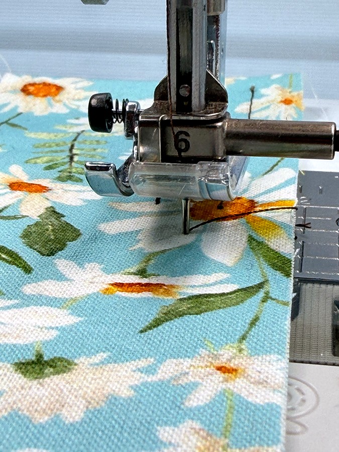 close-up of a sewing machine needle stopped in the down position
