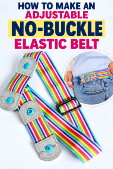 Rainbow striped adjustable elastic belt with silver leather tabs, turquoise snaps, and a black metal slider, with a smaller photo showing how the belt fits around blue jeans.