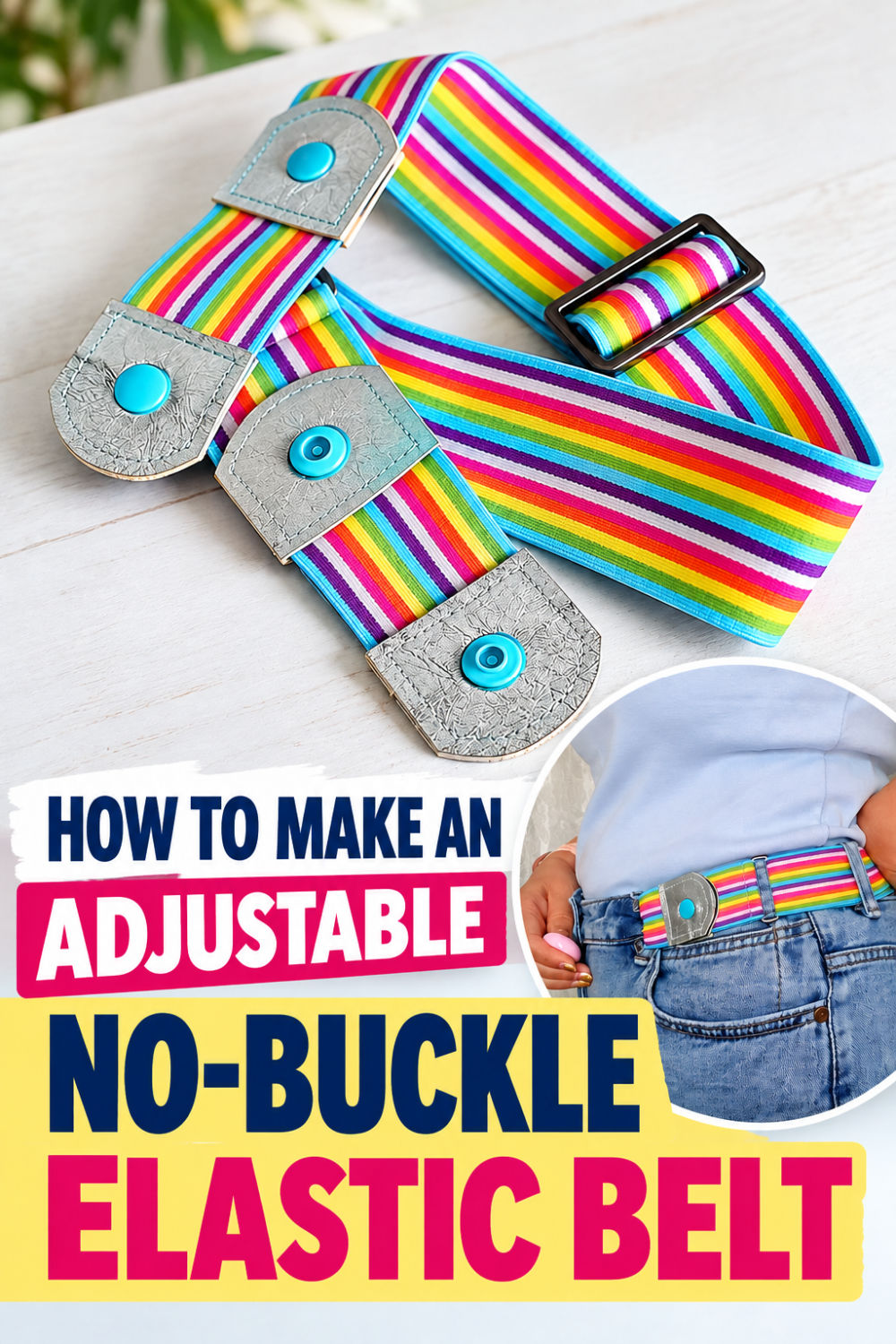 Rainbow striped elastic no-buckle belt with silver leather tabs and turquoise snaps, with a smaller photo showing the belt worn with blue jeans.