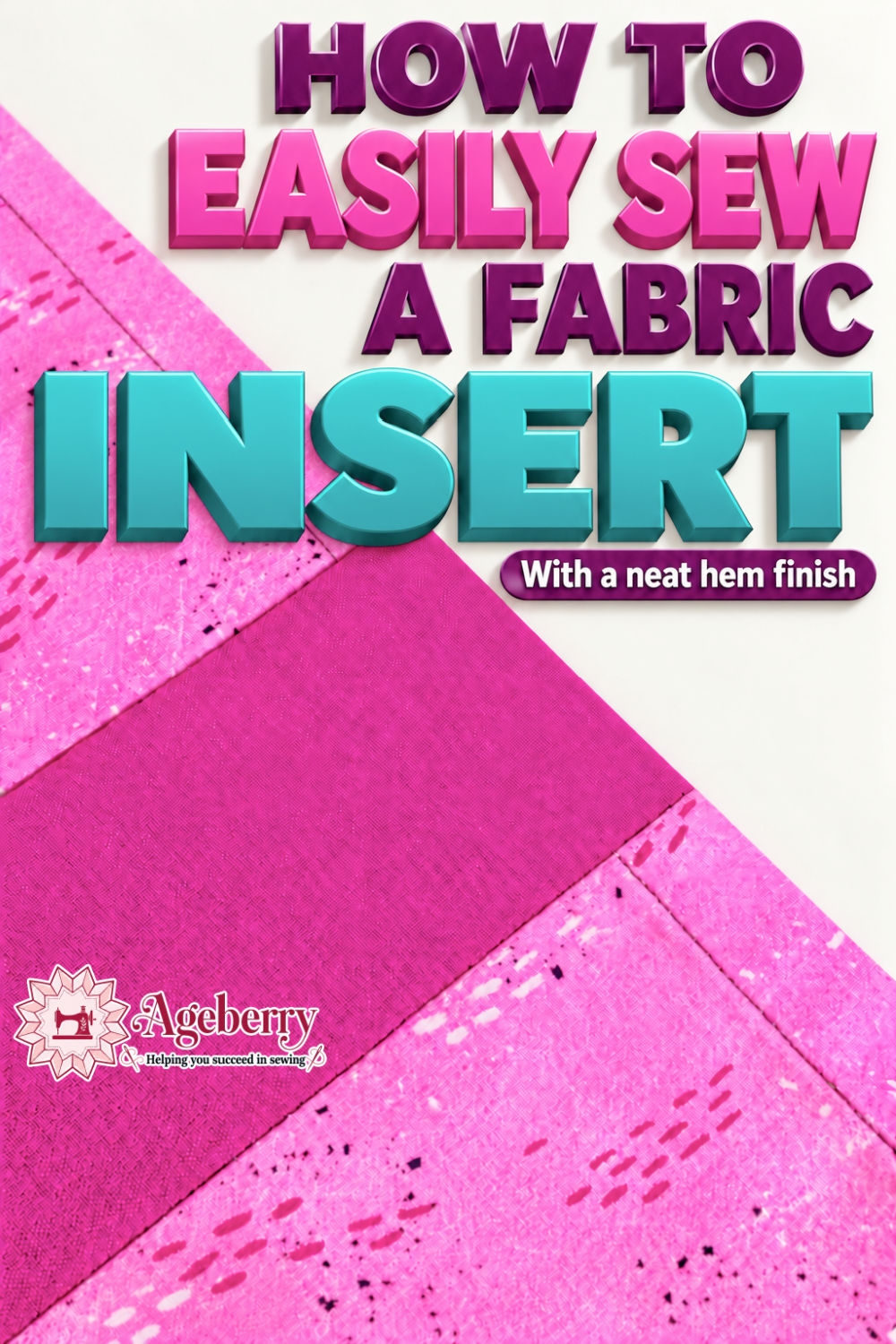 Pink printed fabric with a solid fuchsia insert, showing the joining seams and hem stitching along a diagonal finished edge on a cream background.
