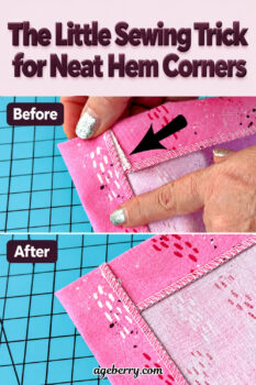 Two close-up photos of a pink fabric hem corner on a blue cutting mat. Hands hold the corner in the upper photo, where a black arrow points to a protruding fabric flap. The lower photo shows the neatly folded corner.