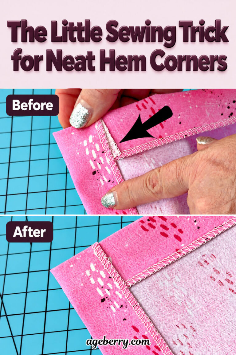 Two close-up photos of a pink fabric hem corner on a blue cutting mat. Hands hold the corner in the upper photo, where a black arrow points to a protruding fabric flap. The lower photo shows the neatly folded corner.