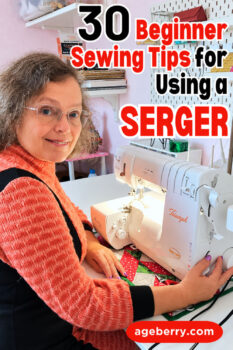 Sewist working at a serger sewing machine in a home sewing space, illustrating beginner sewing tips for learning how to use a serger confidently and correctly.