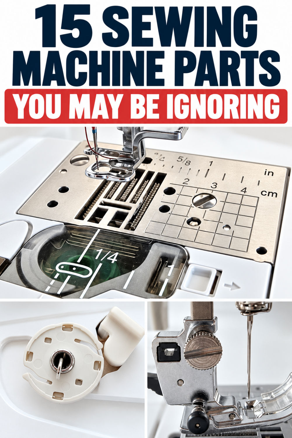 Collage of close-up sewing machine details showing the needle plate and bobbin cover, bobbin winder area, and presser foot holder.