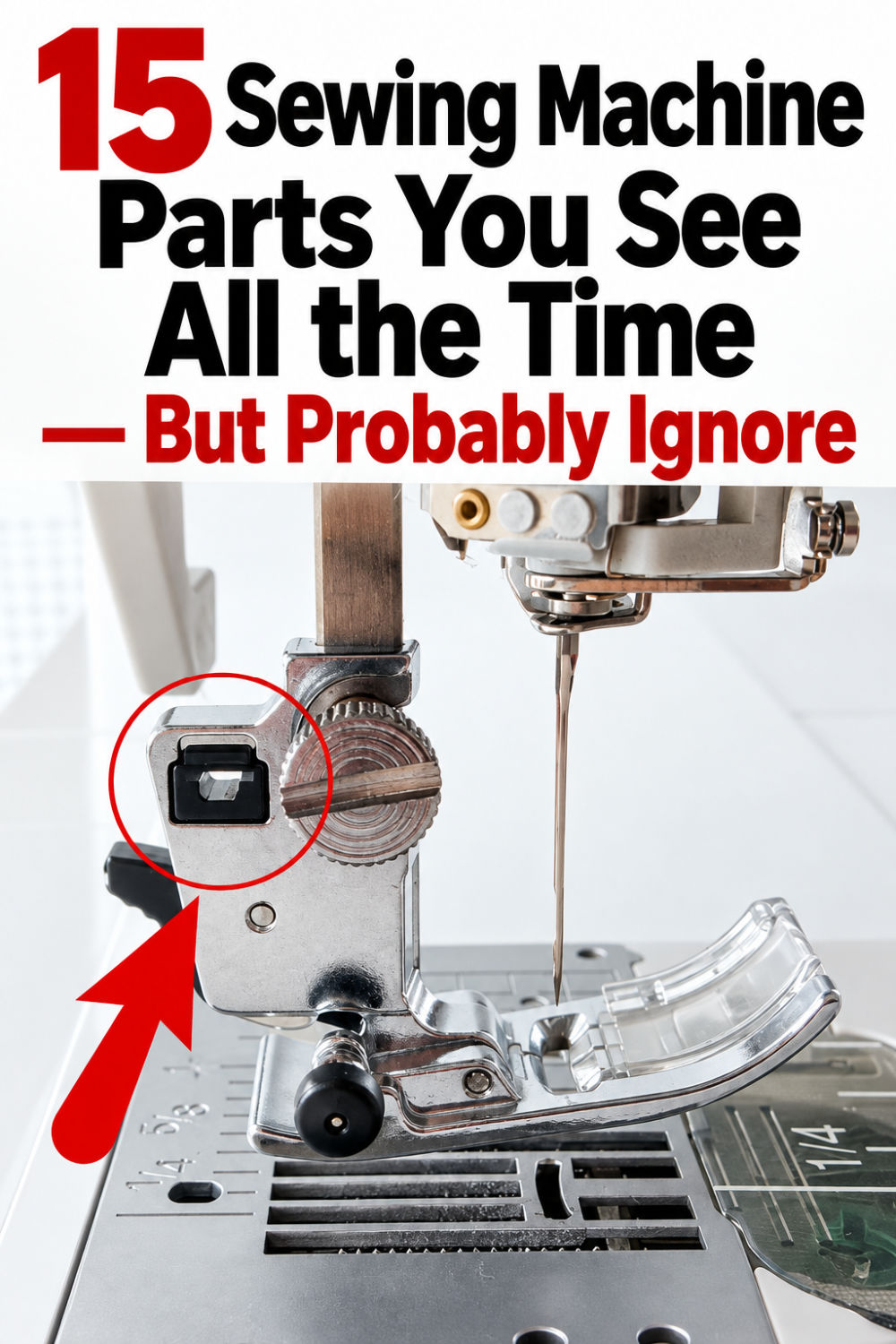 Close-up of a sewing machine presser foot and needle area with a red circle and arrow pointing to a small opening in the presser foot holder.