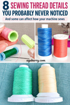 A collage showing several sewing thread spools and cones in different colors and sizes, including a close-up of a removable spool center and cross-wound thread. The images show visible differences in spool design, winding patterns, and thread packaging.