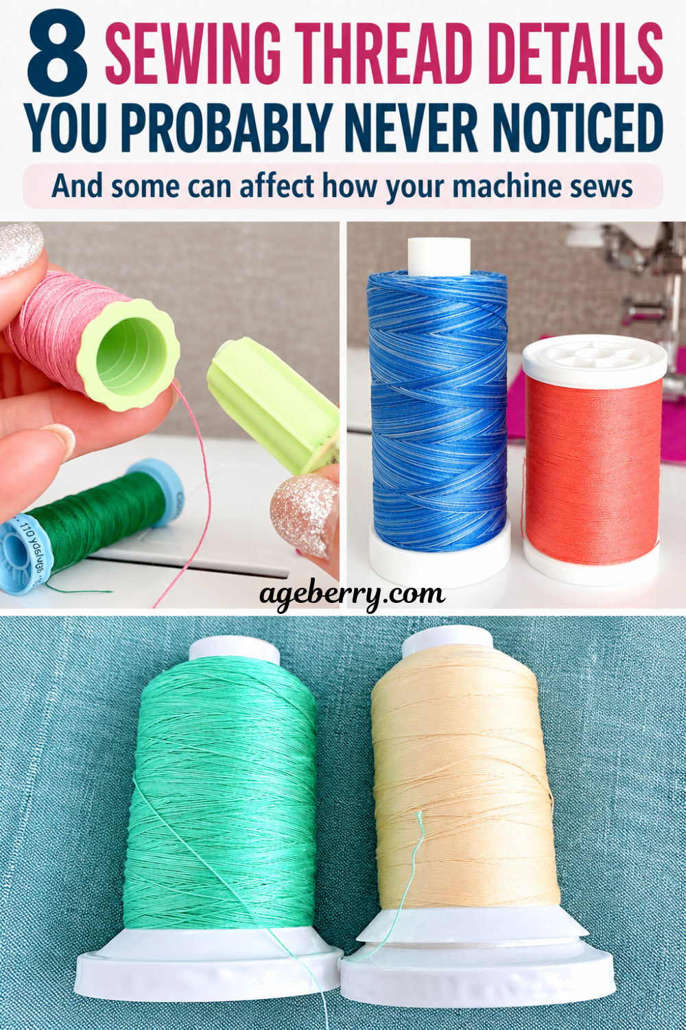 A collage showing several sewing thread spools and cones in different colors and sizes, including a close-up of a removable spool center and cross-wound thread. The images show visible differences in spool design, winding patterns, and thread packaging.