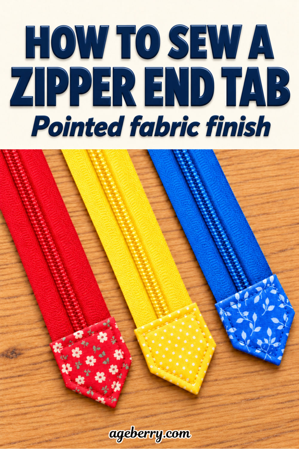 Three red, yellow, and blue zippers arranged diagonally on a wooden table, each finished with a coordinating pointed fabric end tab.